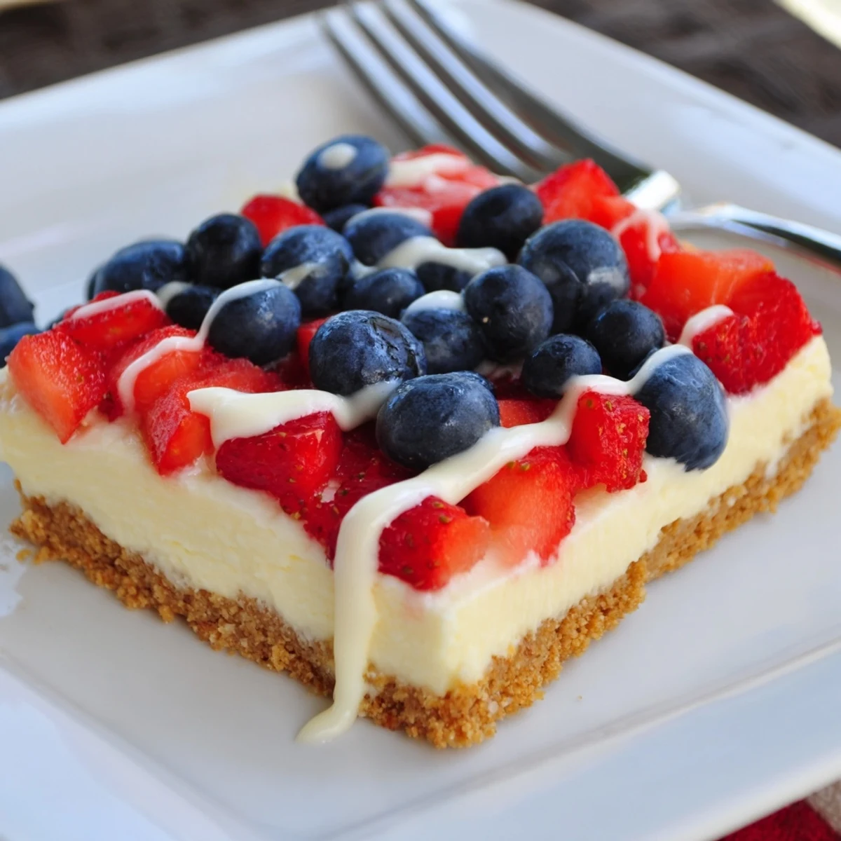 Tray of Patriotic Cheesecake Bars glazed with white chocolate, perfect for summer picnics