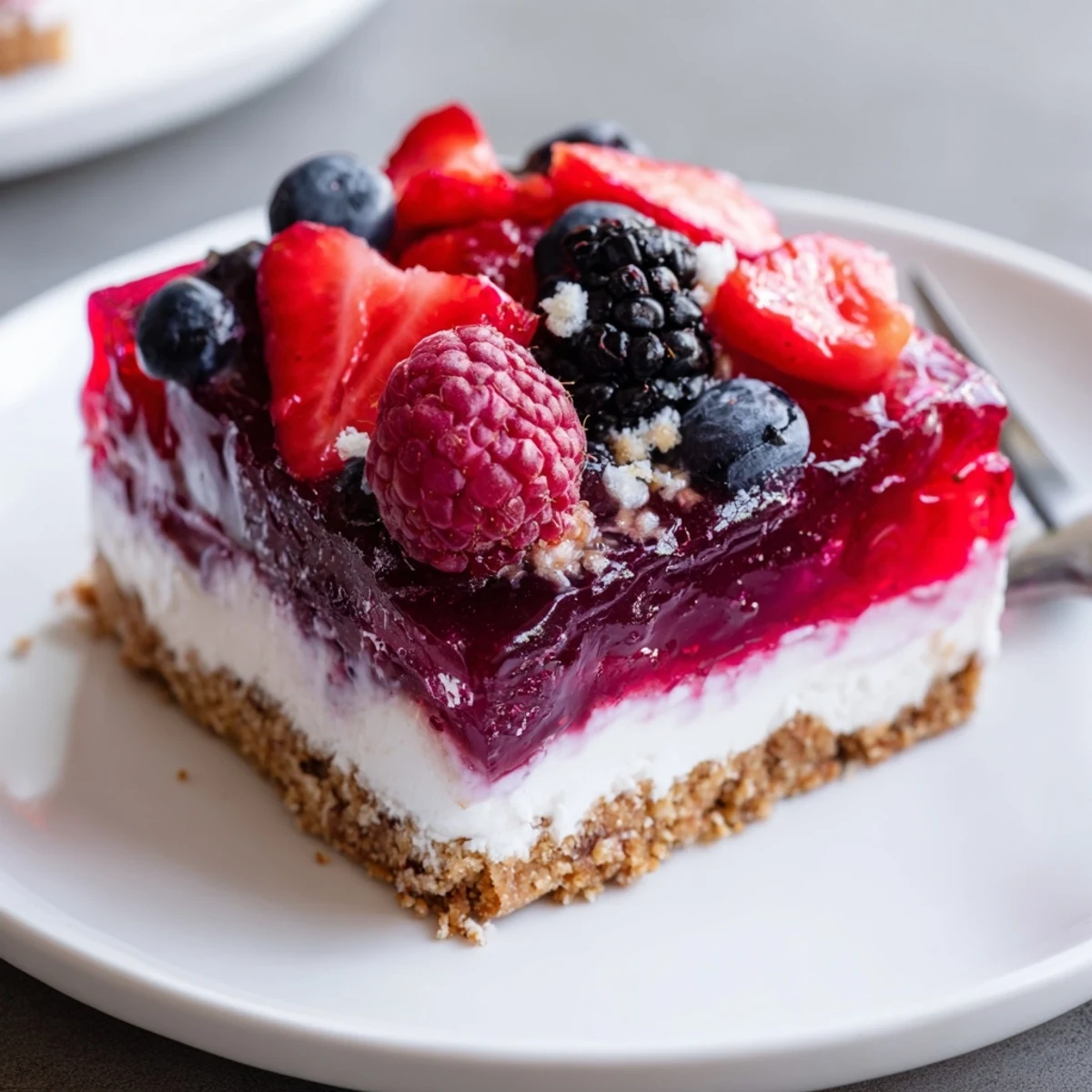 Summer Berry Jello Lasagna layered with glossy strawberry jello and creamy cheesecake filling