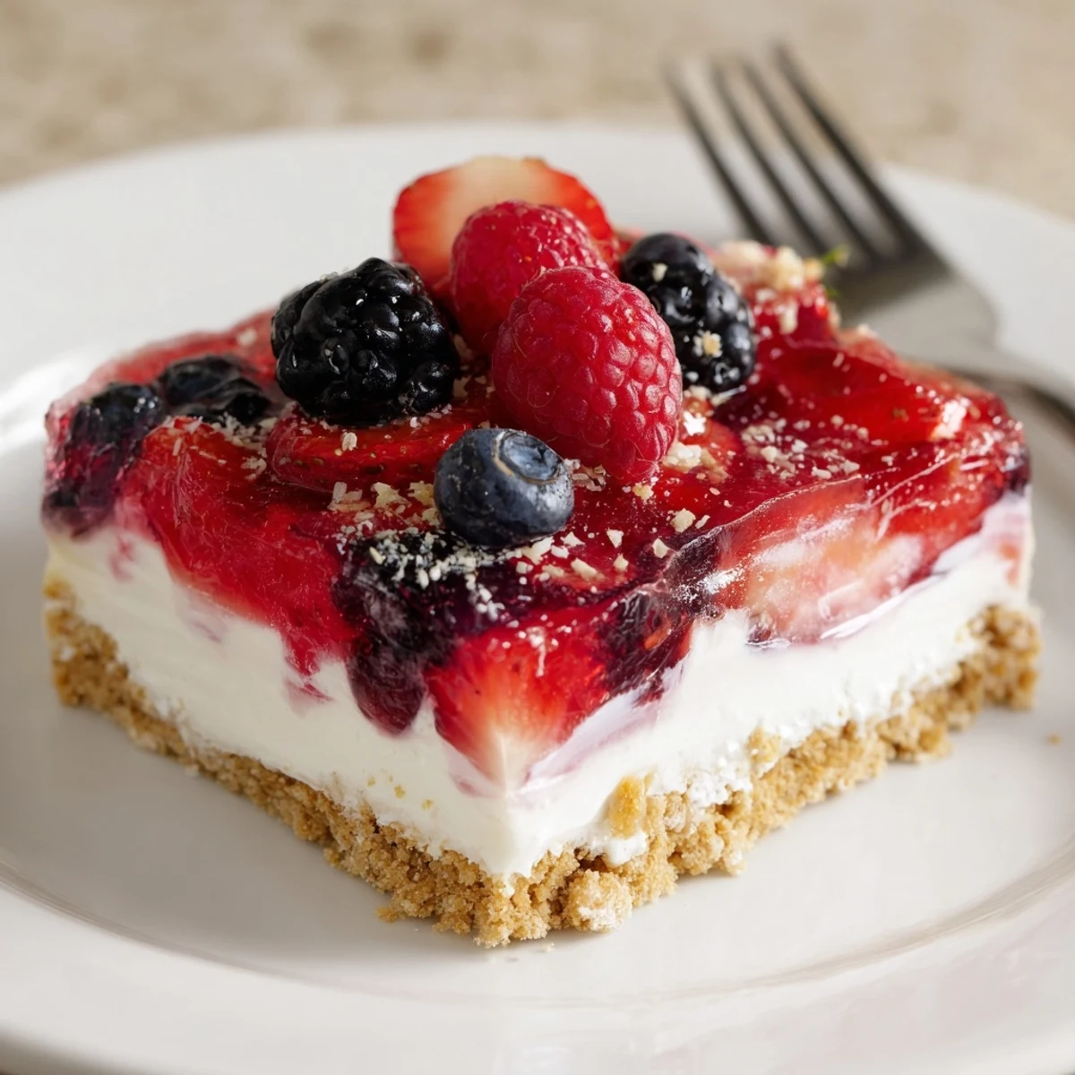 Chilled Summer Berry Jello Lasagna sliced into squares, topped with fresh berries