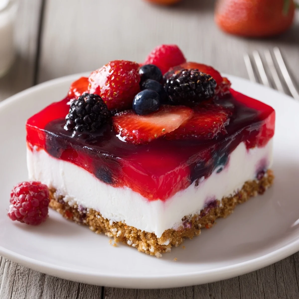 A glass baking dish holds Summer Berry Jello Lasagna with wobbly layers