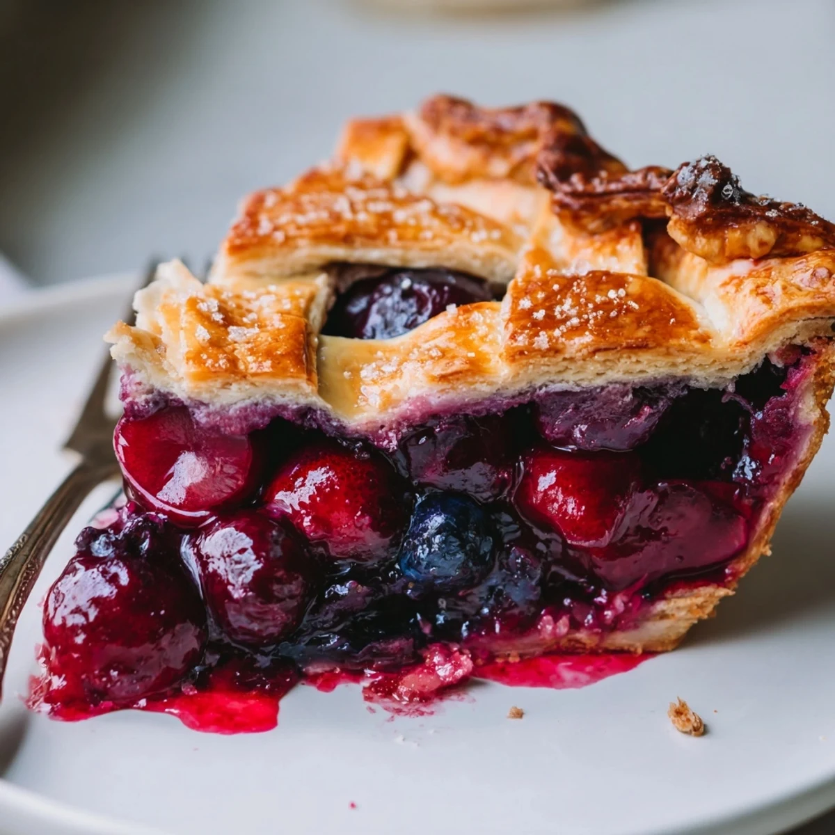 Cherry and Blueberry Pie with golden flaky crust, bubbling ruby fruit filling.