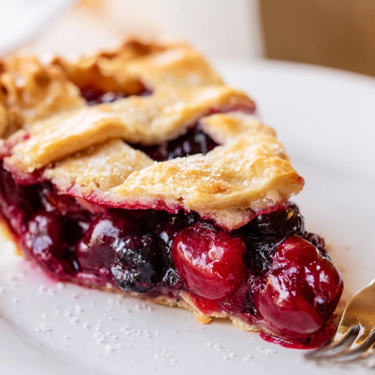 Slice of Cherry and Blueberry Pie topped with melting vanilla ice cream.