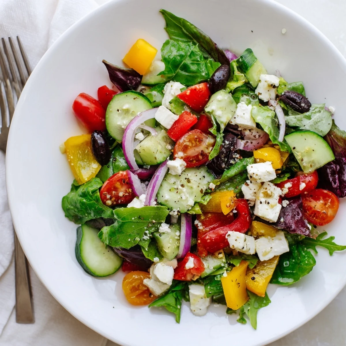 Bright bowl of mixed greens in this Fresh Salad Recipe, tossed and chilled.