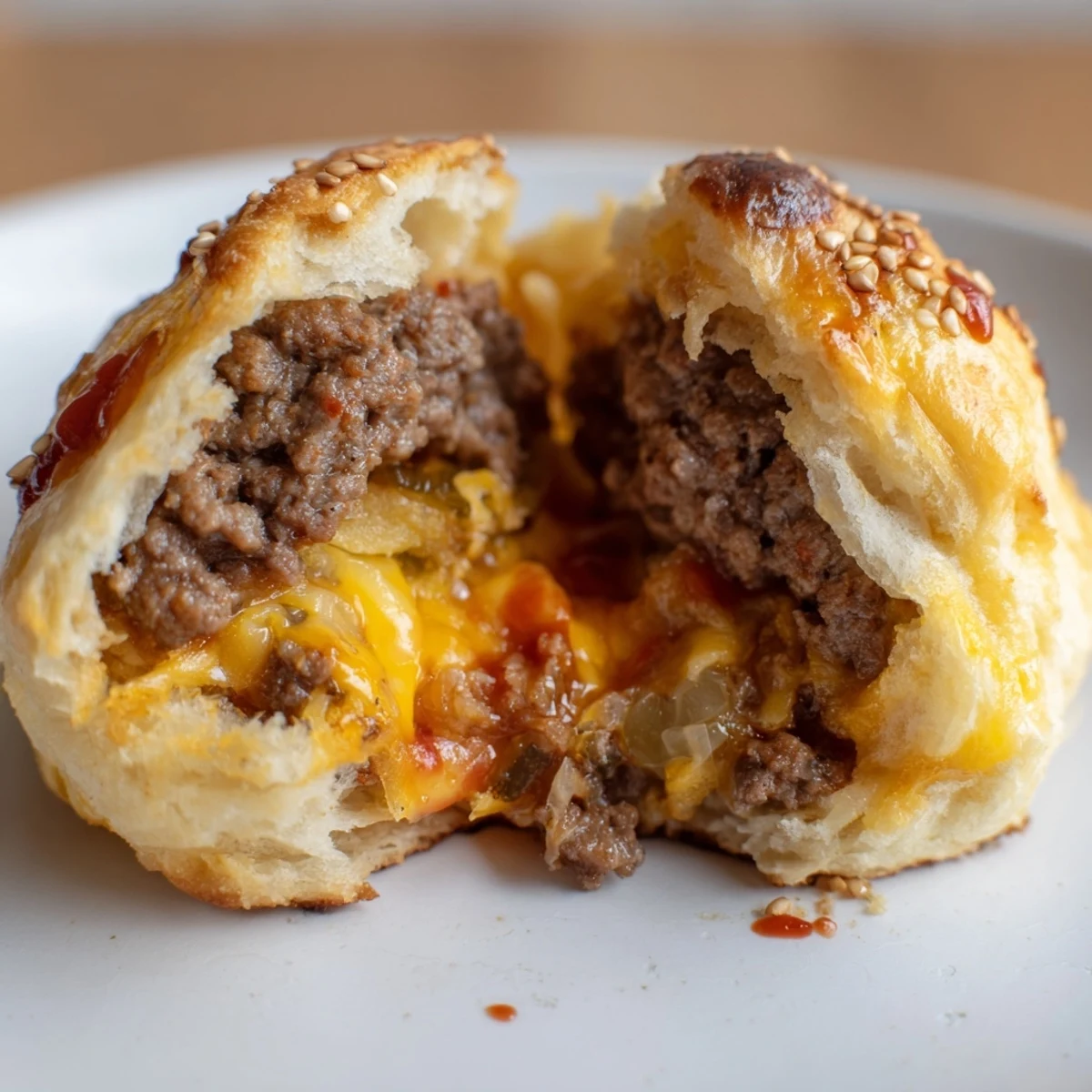 Warm Cheesy Cheeseburger Bombs Explosion Recipe plated with tangy ketchup for dipping