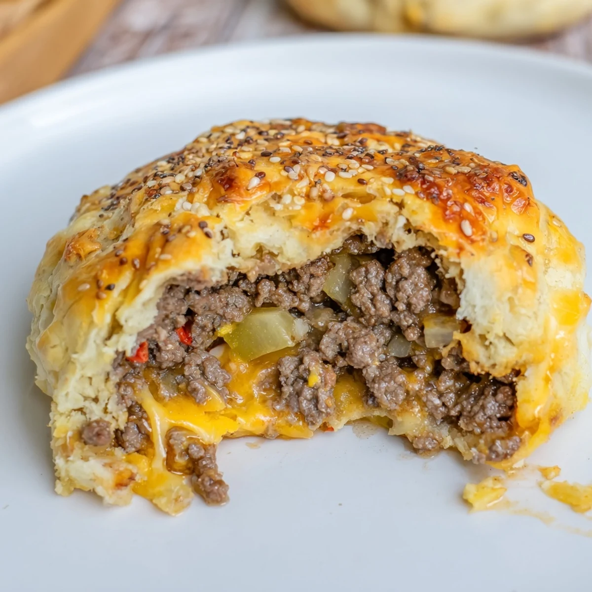 Cheesy Cheeseburger Bombs Explosion Recipe: golden biscuit pockets oozing melted cheddar, sesame seeds