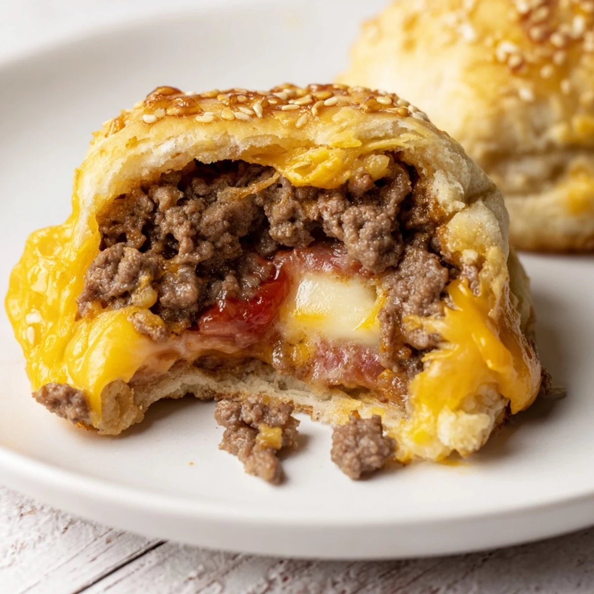 Homestyle Cheesy Cheeseburger Bombs Explosion Recipe split open, juicy beef and gooey cheese