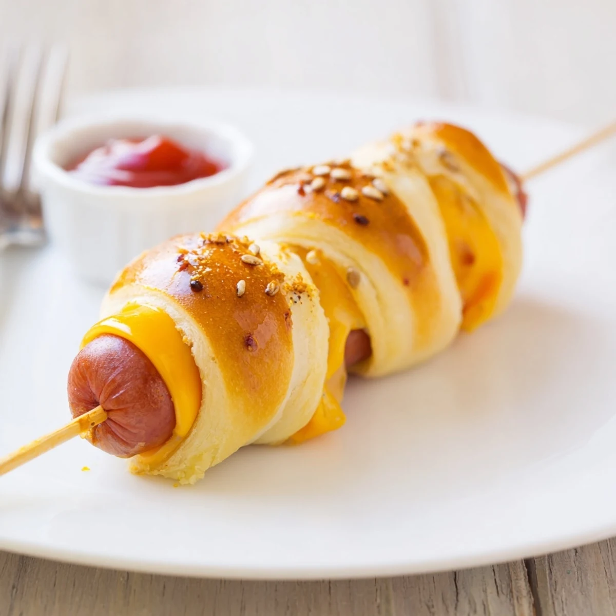 Golden, butter-brushed Firecracker Hot Dogs on parchment, sesame-speckled and steaming