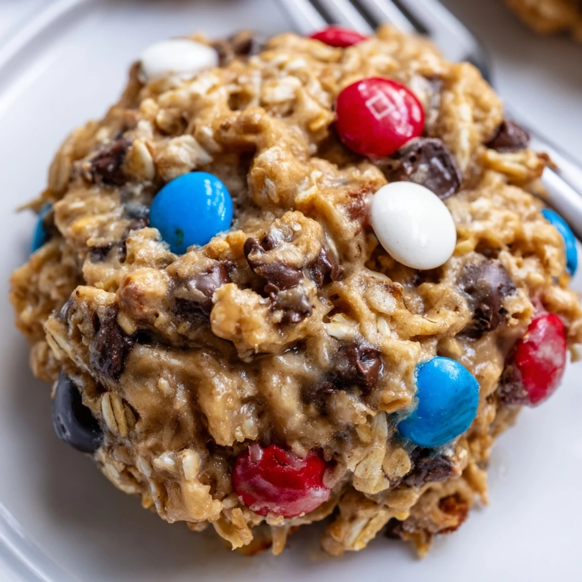 Warm Patriotic Monster Cookies Recipe, chewy centers studded with red, white, and blue candies.