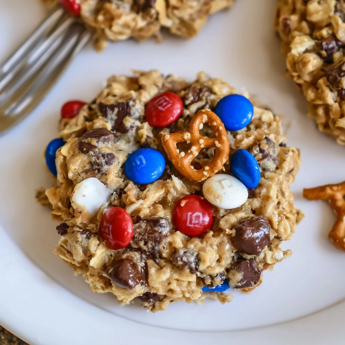 Close up of gooey Patriotic Monster Cookies Recipe showing oats, chocolate chips, and pretzels.