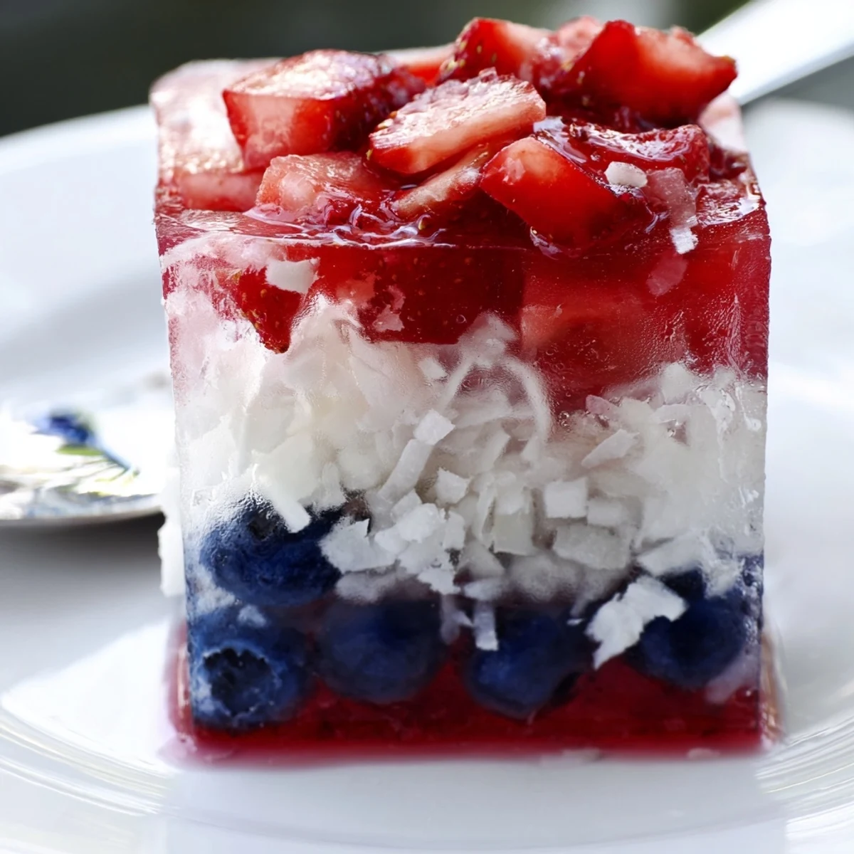 Red White And Blue Ice Cubes Recipe frozen with strawberry, blueberry, and coconut layers