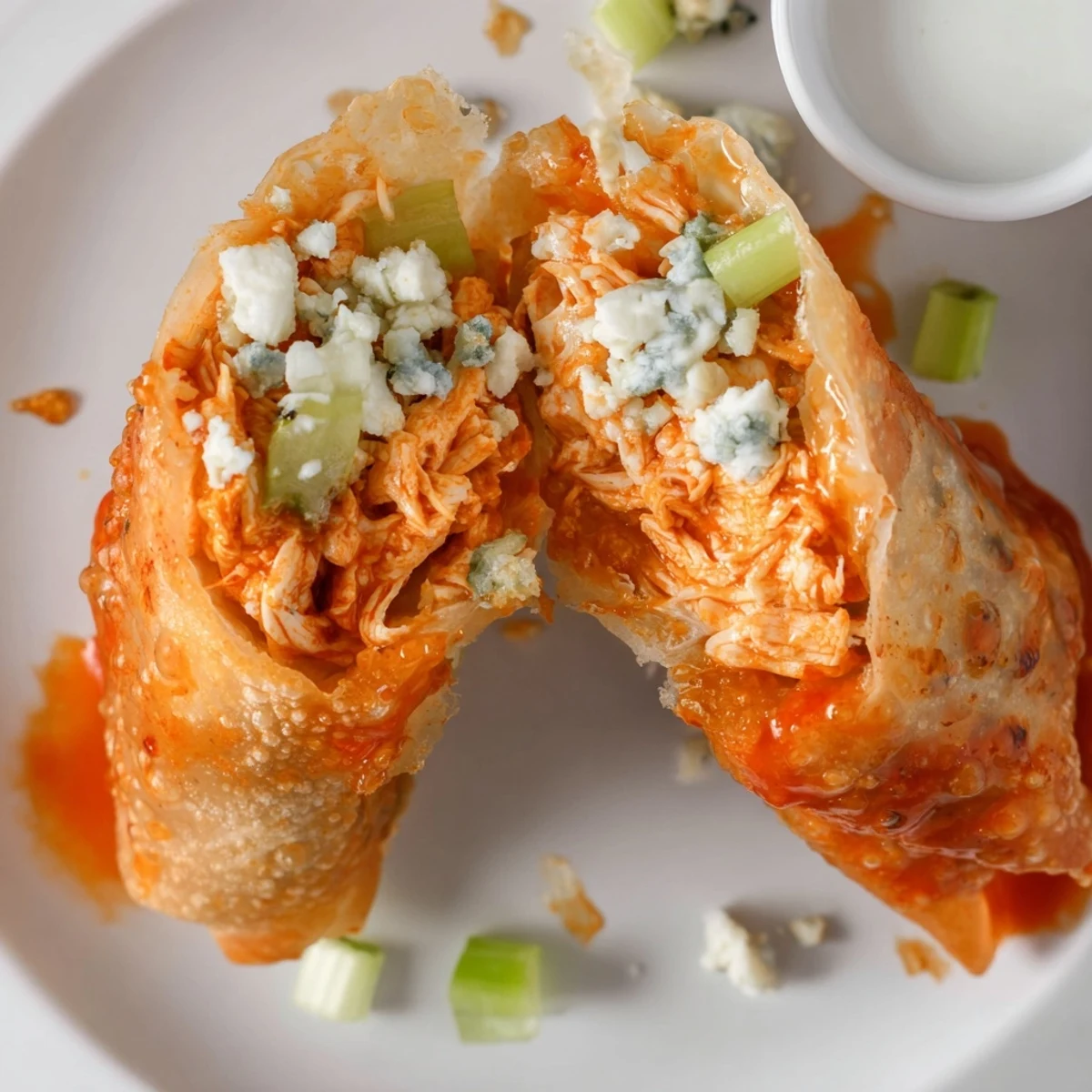 Golden crisp Buffalo Chicken Egg Rolls Recipe with spicy sauce and melty cheese
