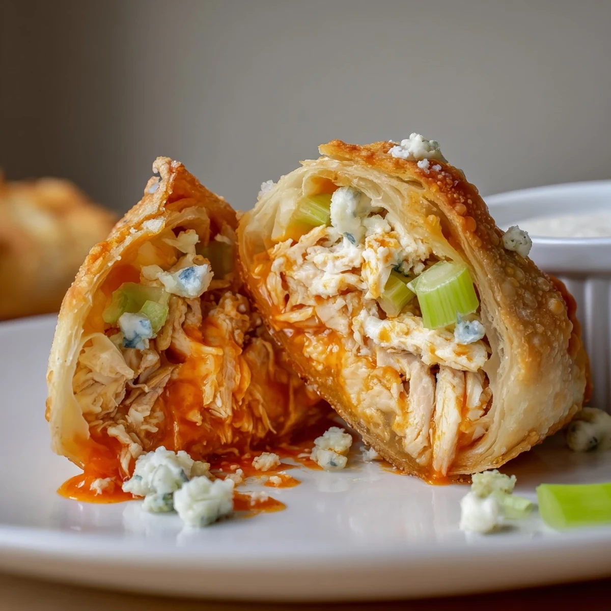 Handheld Buffalo Chicken Egg Rolls Recipe stuffed with tangy buffalo, crunchy celery, gooey cheese