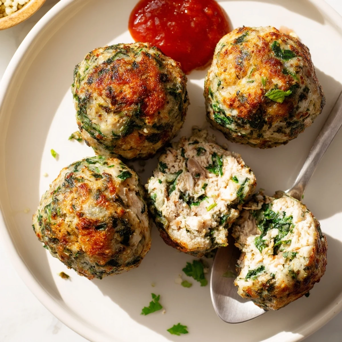Low Carb Spinach Chicken Meatballs glistening golden, roasted, served over cauliflower rice