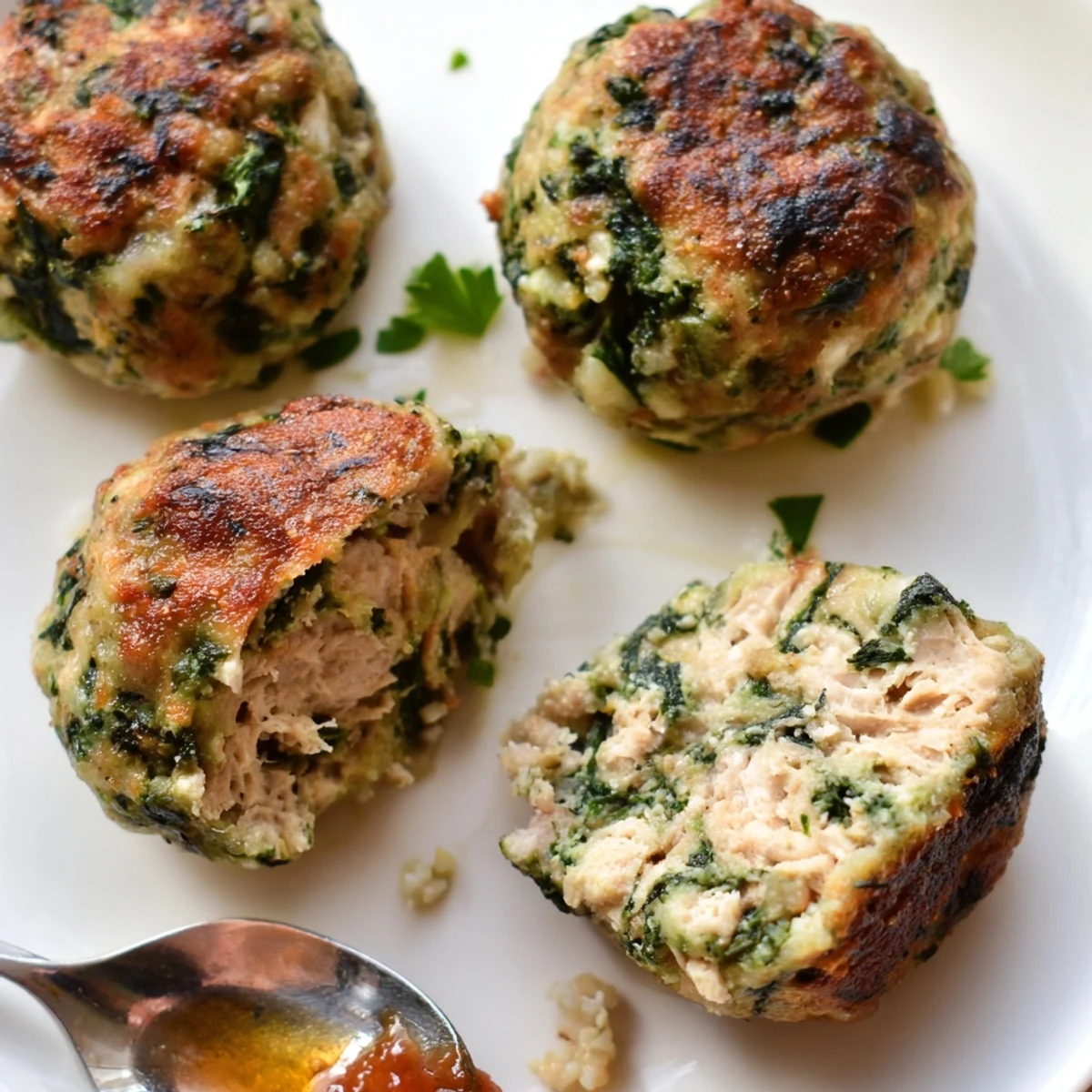 Baked Low Carb Spinach Chicken Meatballs resting on tray, herb-sprinkled, juicy