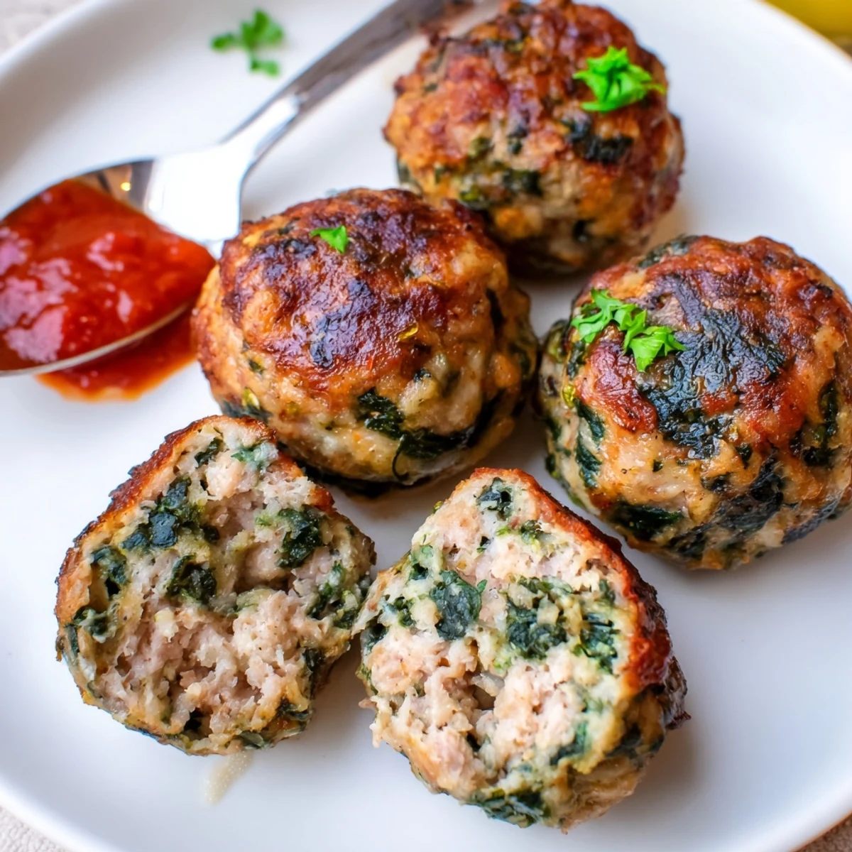 Warm Low Carb Spinach Chicken Meatballs, fragrant garlic and Parmesan, on parchment