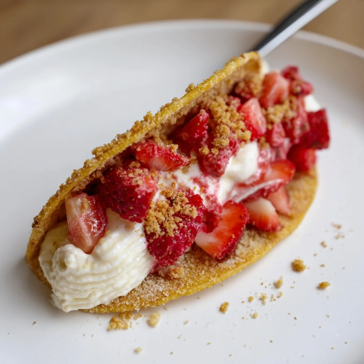 Strawberry Crunch Cheesecake Tacos with creamy filling and fresh diced strawberries.