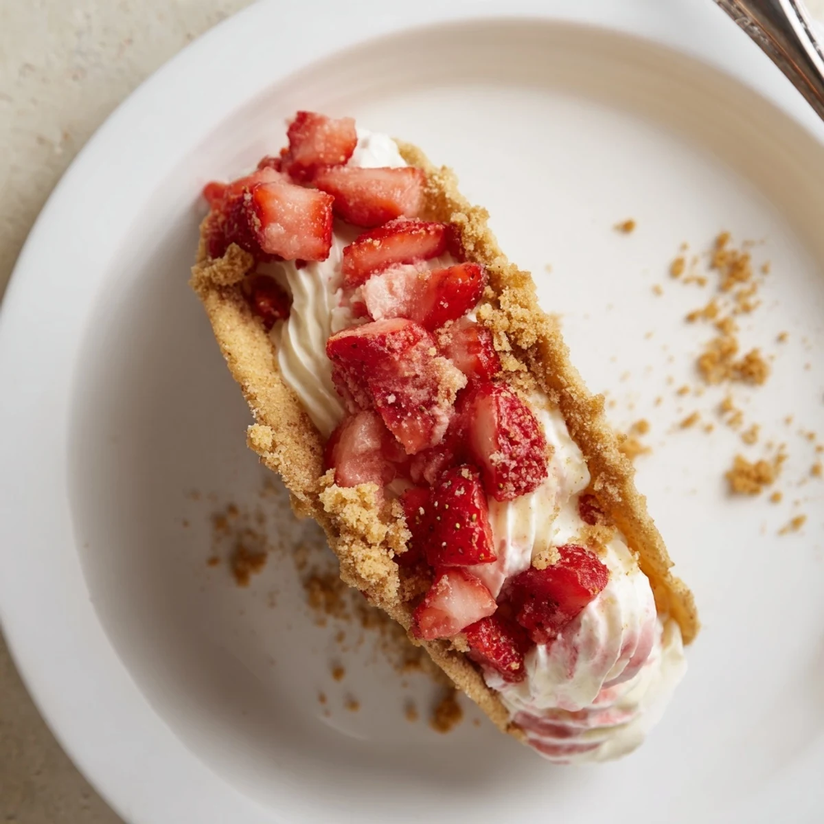 On a wooden board, Strawberry Crunch Cheesecake Tacos rest with crunchy rosy edges.