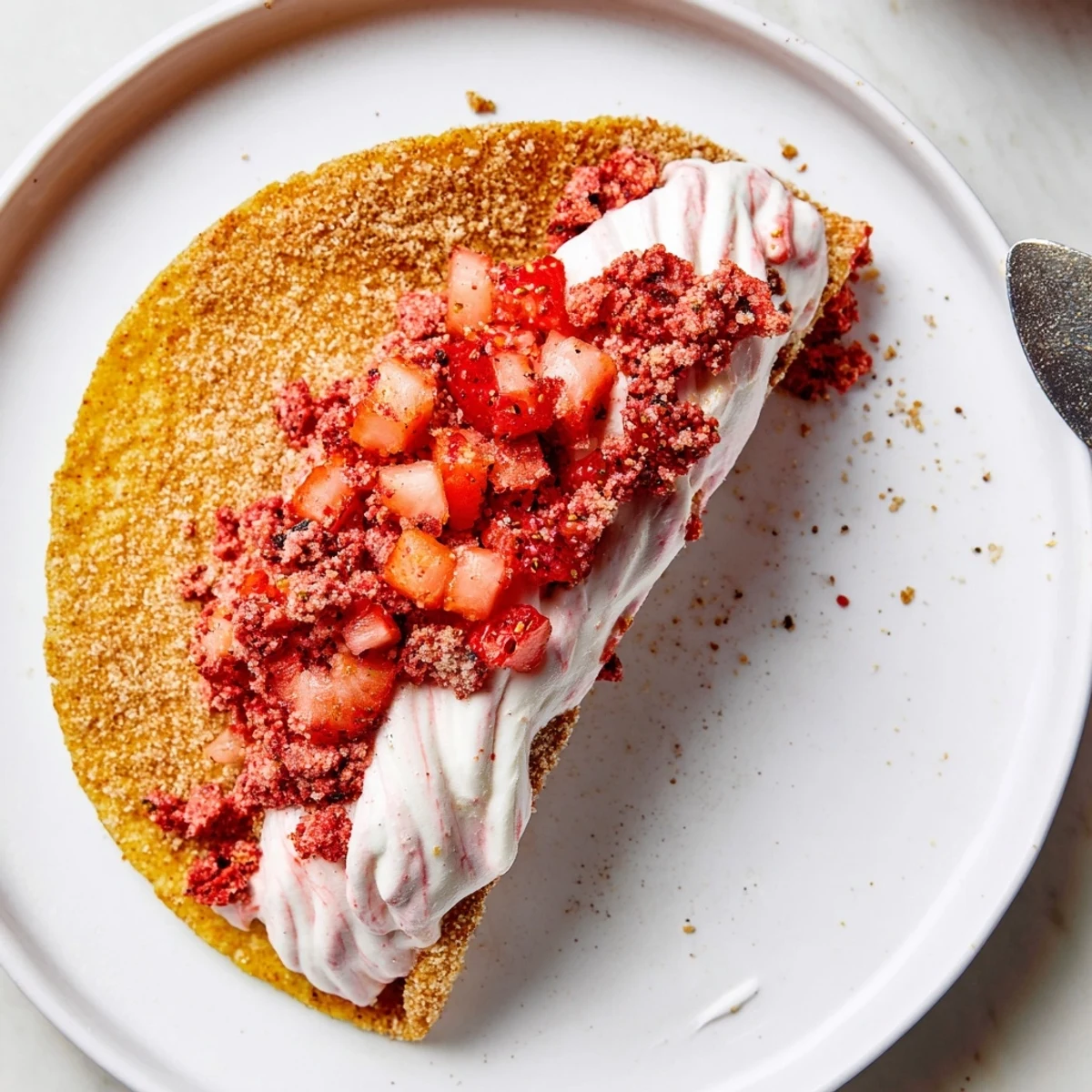 Golden shell Strawberry Crunch Cheesecake Tacos served chilled on a party platter.
