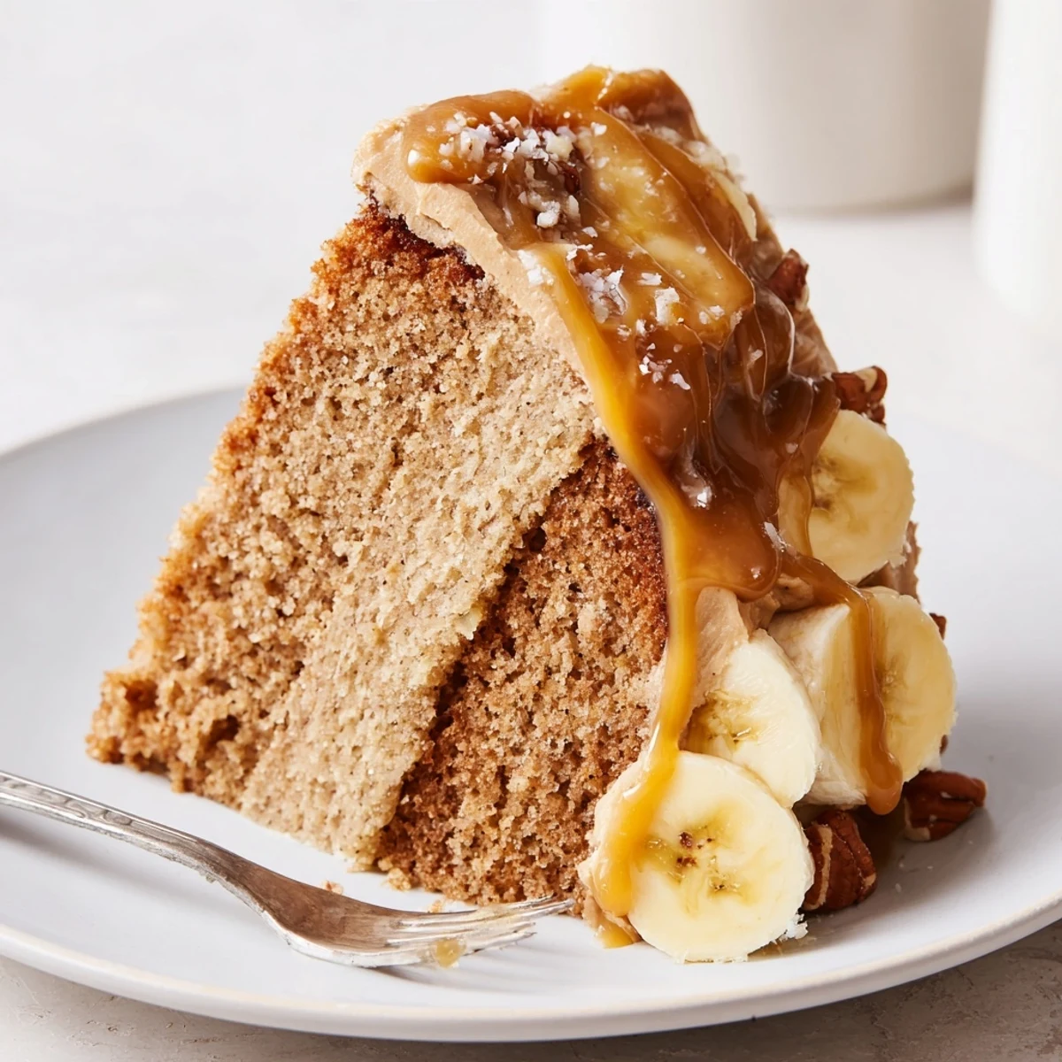 Moist Salted Caramel Brown Butter Banana Cake Recipe topped with glossy caramel drizzle  