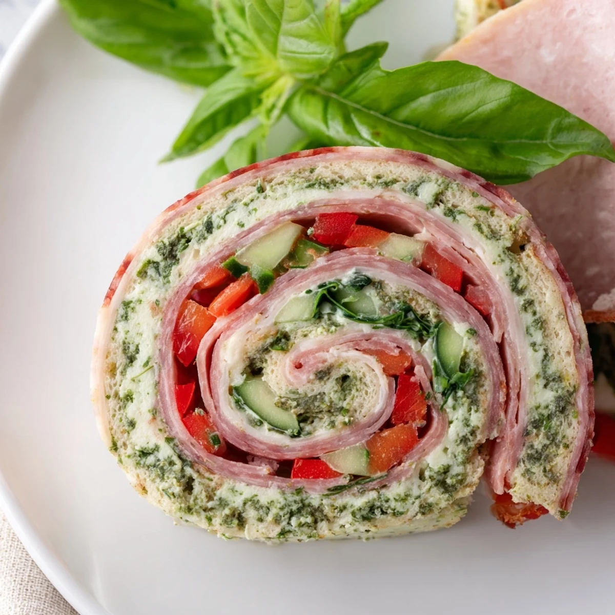 Italian Pinwheel Sandwiches arranged on platter, crisp peppers and creamy pesto visible