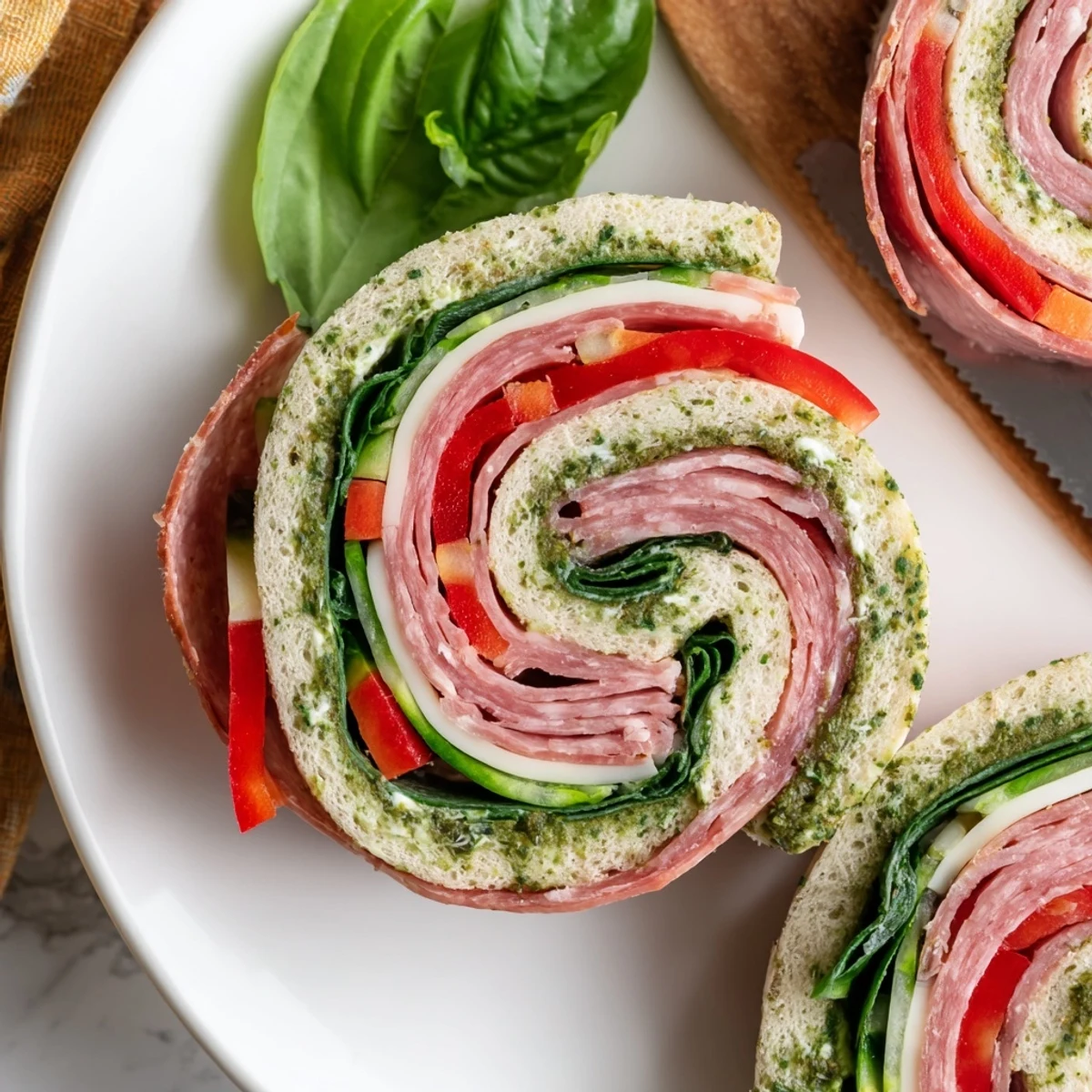 Close up of Italian Pinwheel Sandwiches showing swirled tortillas, salami, provolone, basil