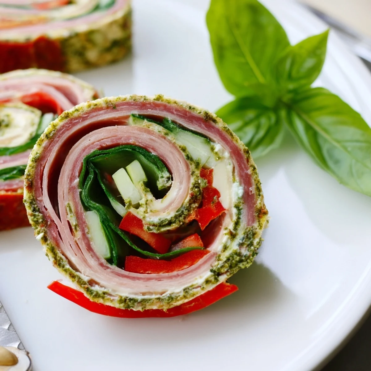 Party ready Italian Pinwheel Sandwiches chilled on tray, bite sized, creamy, veggie studded