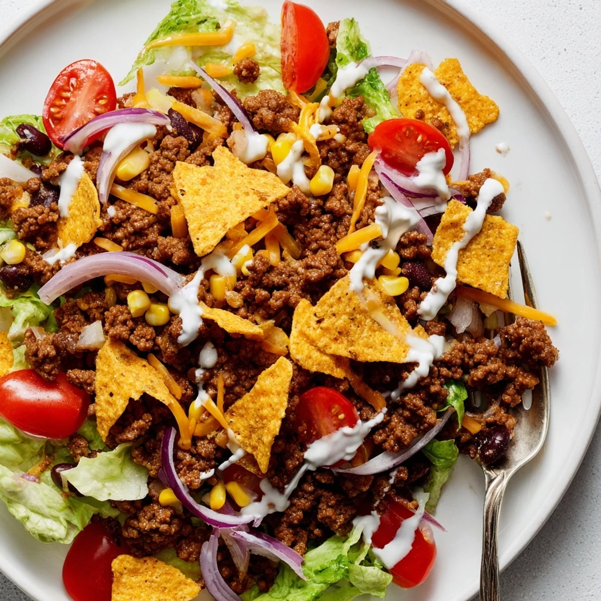 Warm Simple Doritos Taco Salad topped with skillet-seasoned beef and crushed chips