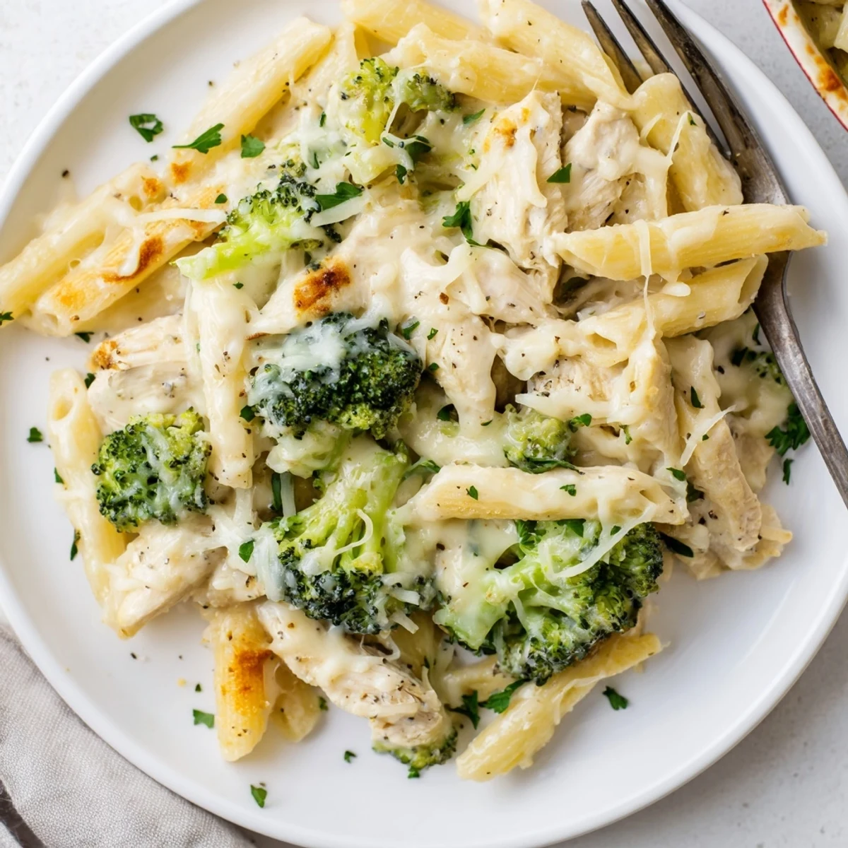 Creamy Chicken Broccoli Alfredo Bake Recipe bubbling golden, cheesy, served with garlic bread