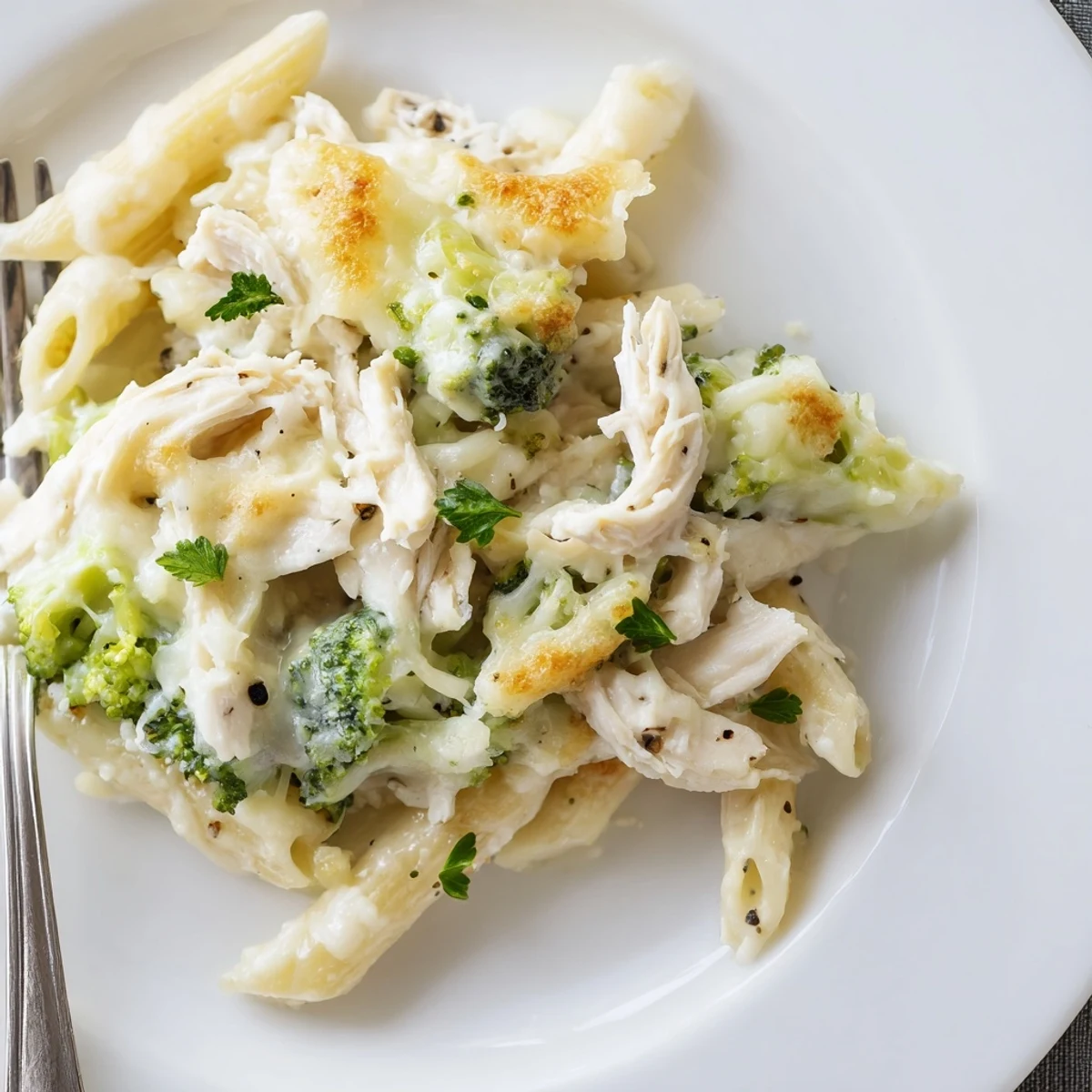 Baked Chicken Broccoli Alfredo Bake Recipe steaming, creamy pasta casserole topped with browned cheese