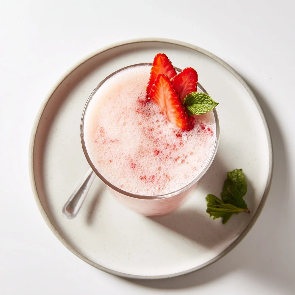 Frothy Strawberry Coconut Cooler Recipe, chilled and garnished with mint and strawberry.