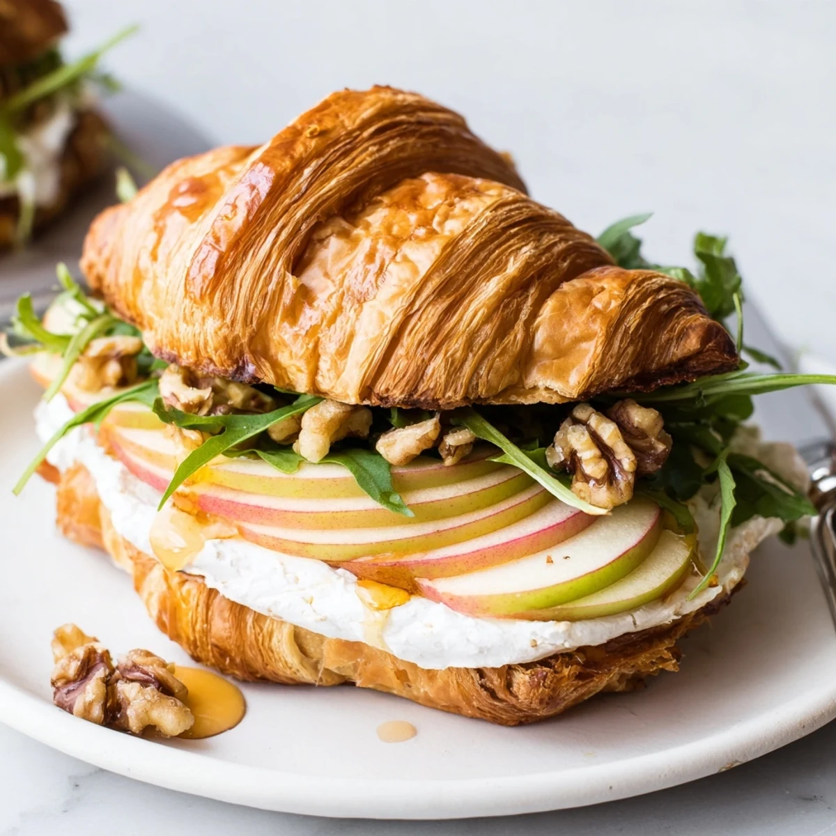 Buttery, flaky Apple Goat Cheese Croissant Sandwich with creamy filling and crisp apples