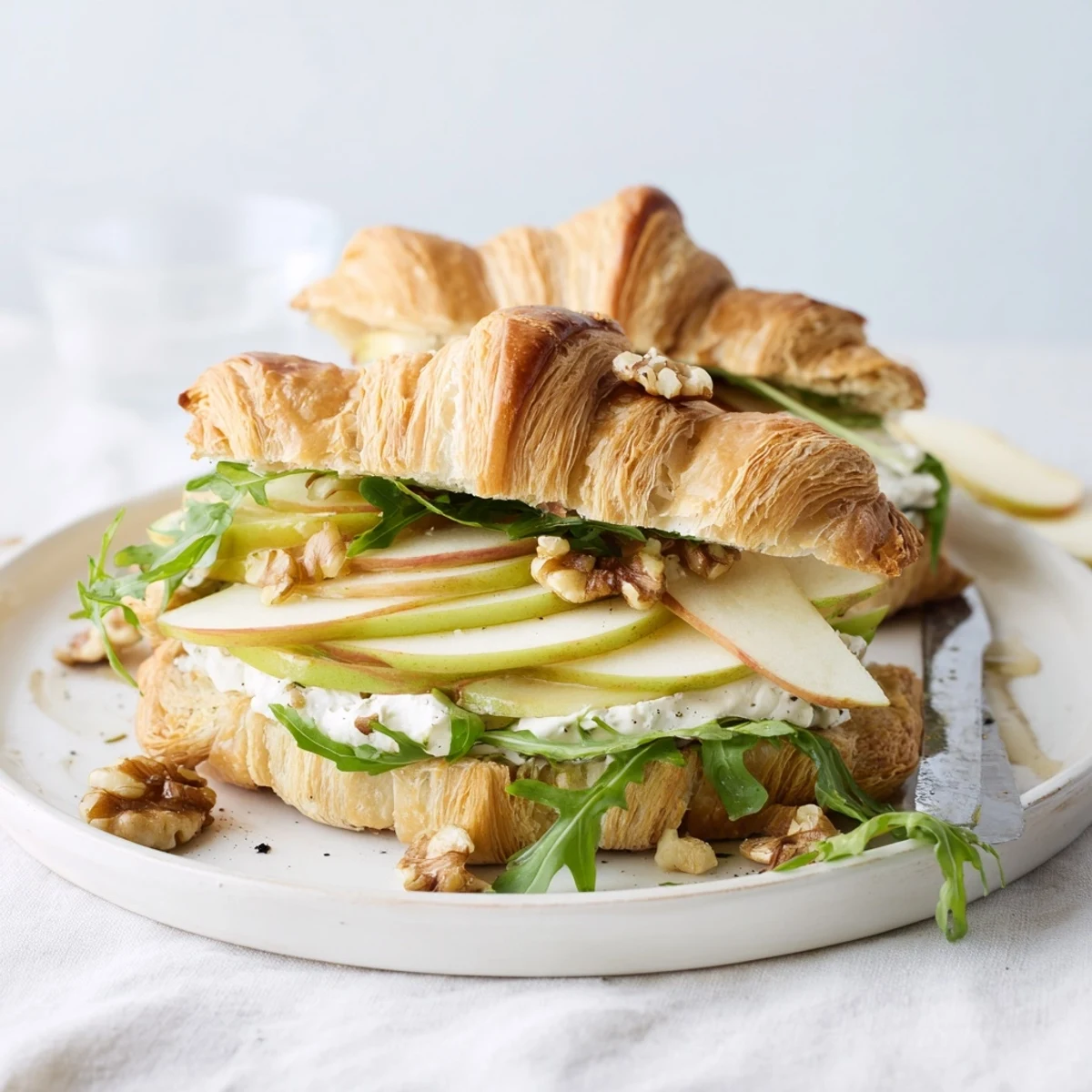 Apple Goat Cheese Croissant Sandwich served open-faced for brunch with peppery arugula