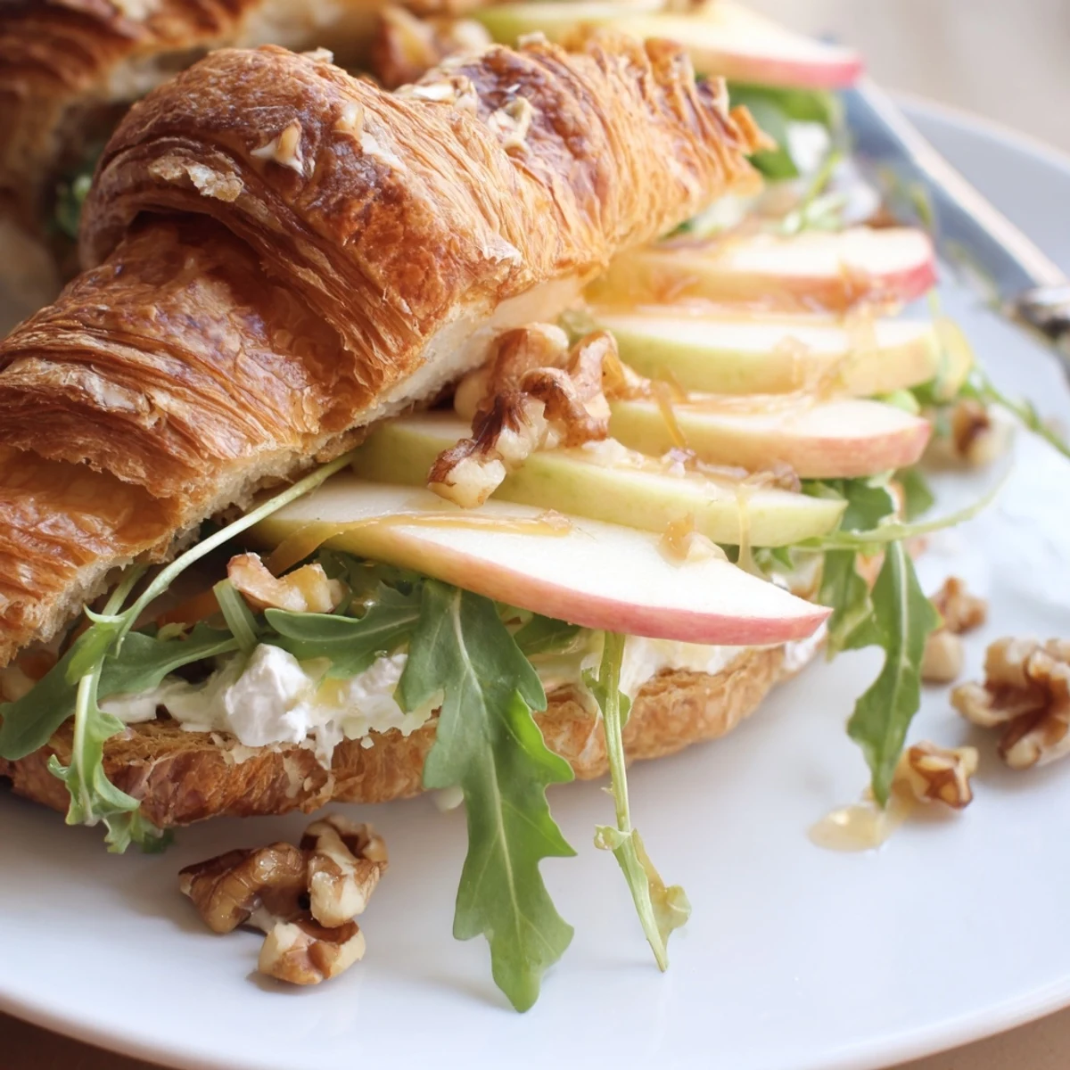 Toasted Apple Goat Cheese Croissant Sandwich drizzled with honey, crunchy walnuts, perfect picnic lunch