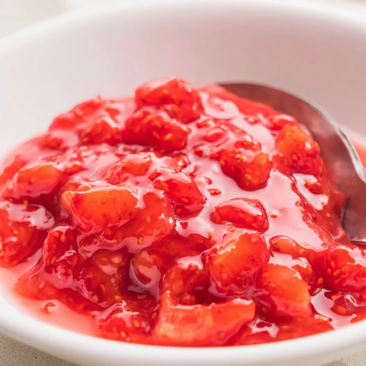 Strawberry Cake Filling Recipe: glossy, bright-red filling spooned over layered vanilla cake