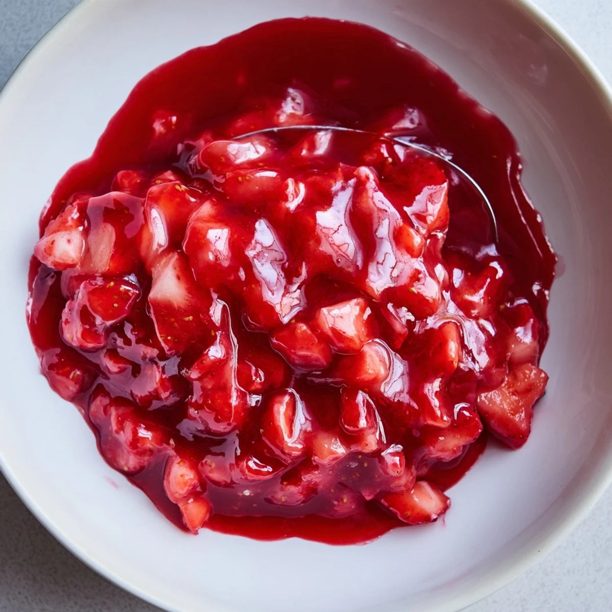 Easy Strawberry Cake Filling Recipe glossy, thickened strawberries ready to layer cupcakes