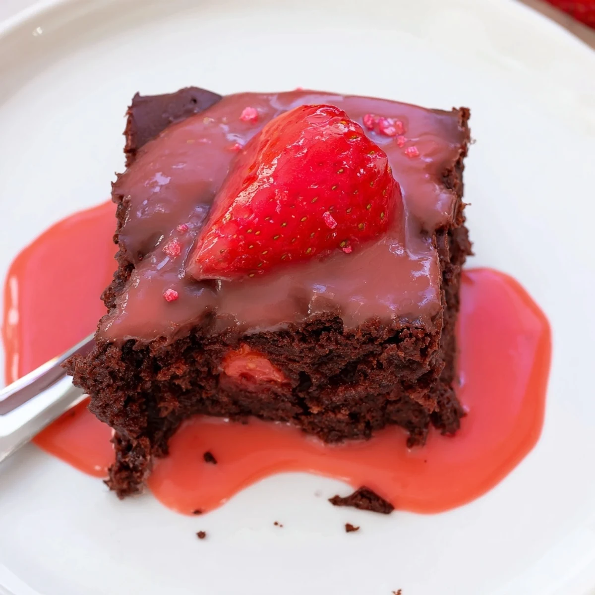 Warm Strawberry Brownies dusted with powdered sugar, served with fresh strawberries