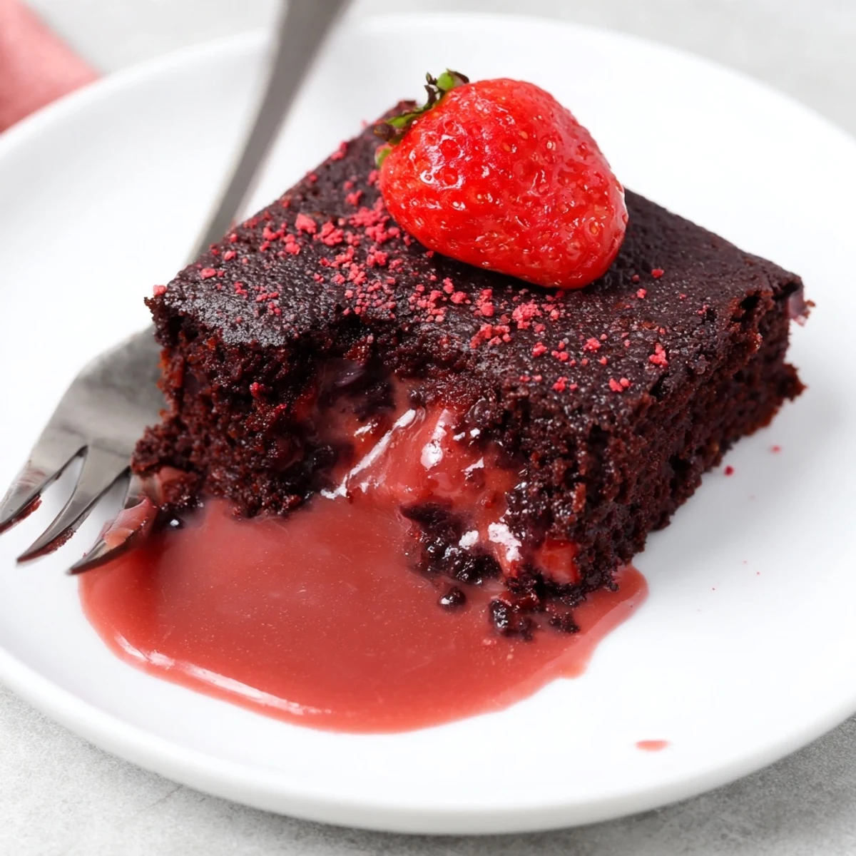 Strawberry Brownies cooling on parchment-lined pan, fudgy center and glossy glaze