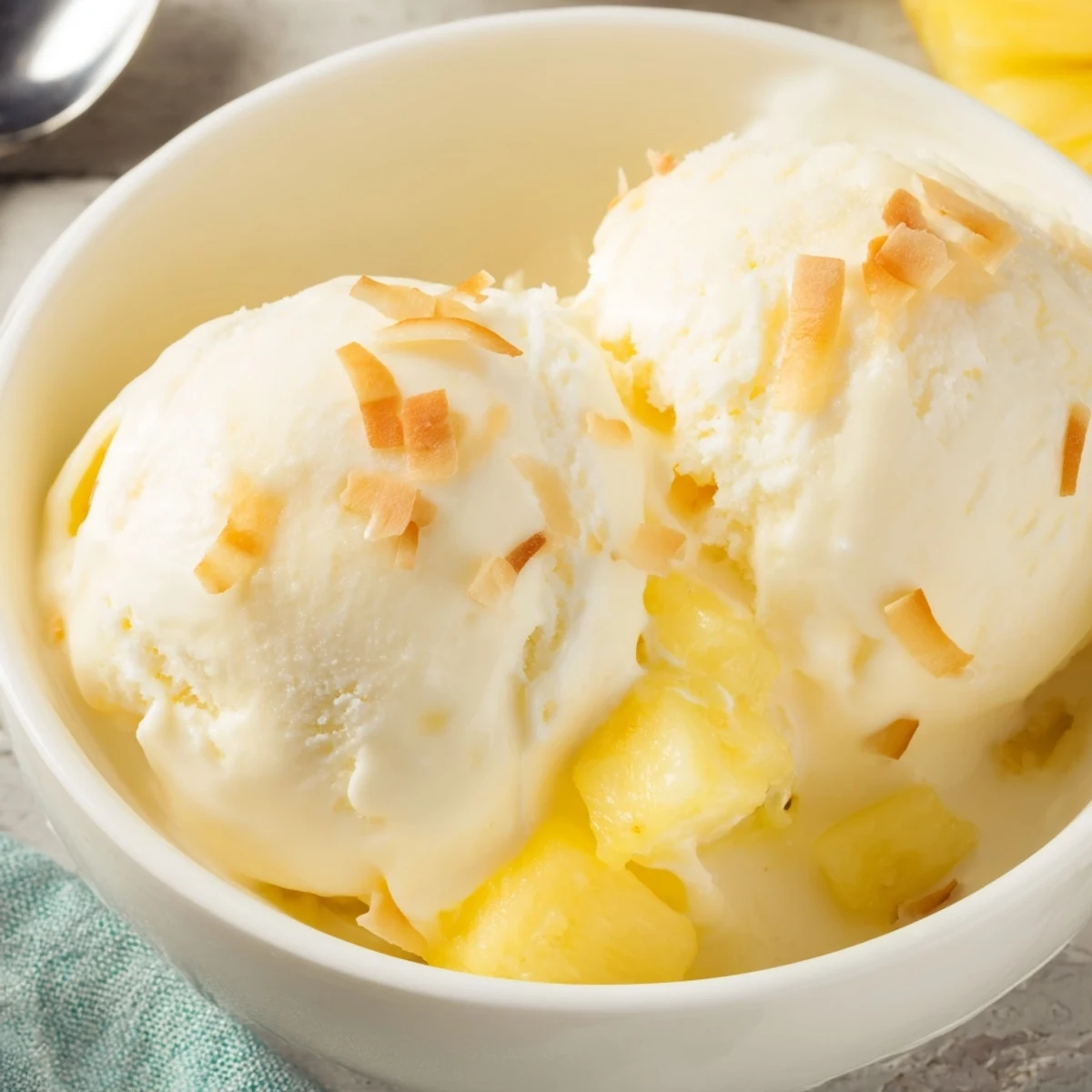 Creamy Pineapple Ice Cream scoops melting on a plate, tropical aroma.  
