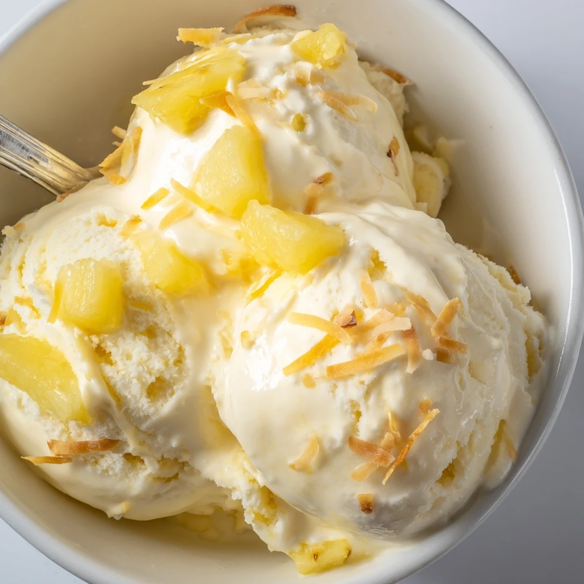 Chilled Creamy Pineapple Ice Cream served with fresh pineapple slices and mint.