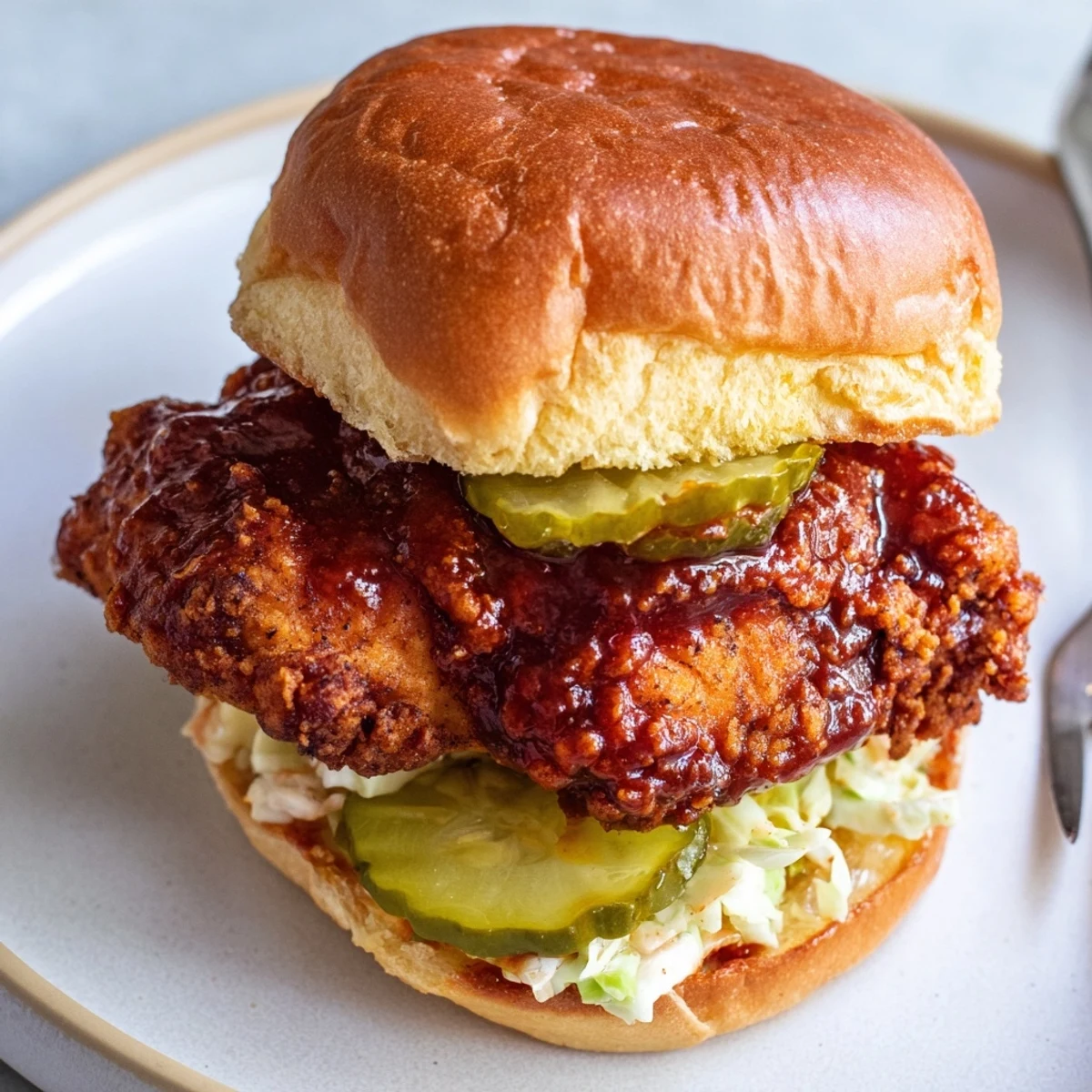 Spicy Nashville Hot Chicken Sandwiches with glossy cayenne glaze, crunchy pickles, creamy slaw.