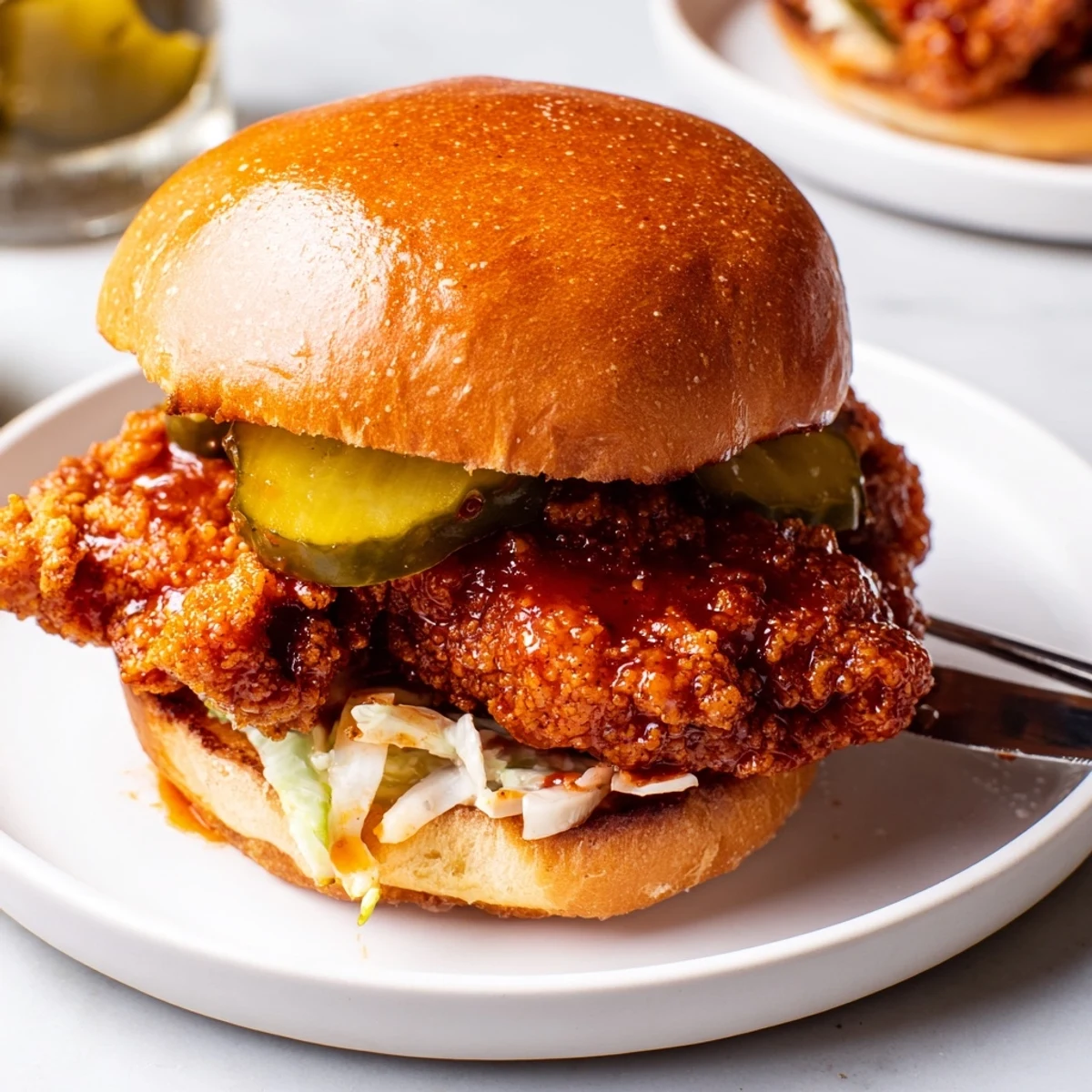 Saucy Spicy Nashville Hot Chicken Sandwiches stacked, buttery buns, tangy pickles, smoky heat.