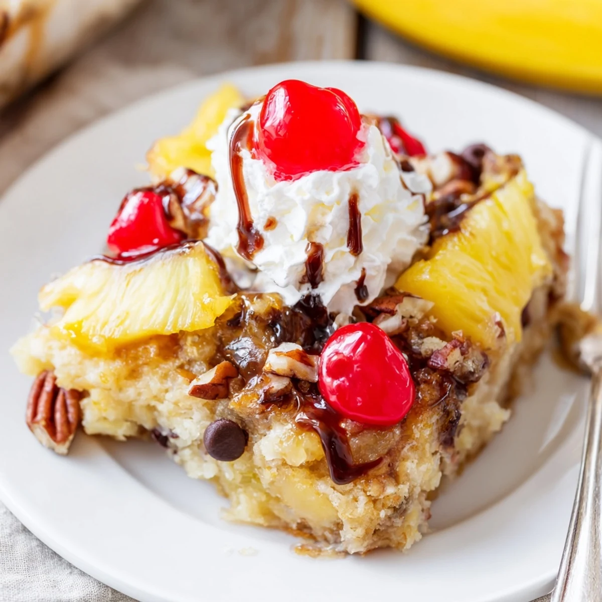 Banana Split Dump Cake bubbling golden with bananas, cherries, and melted butter