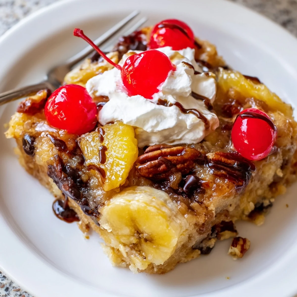 Slice of Banana Split Dump Cake served with vanilla ice cream, nut crunch