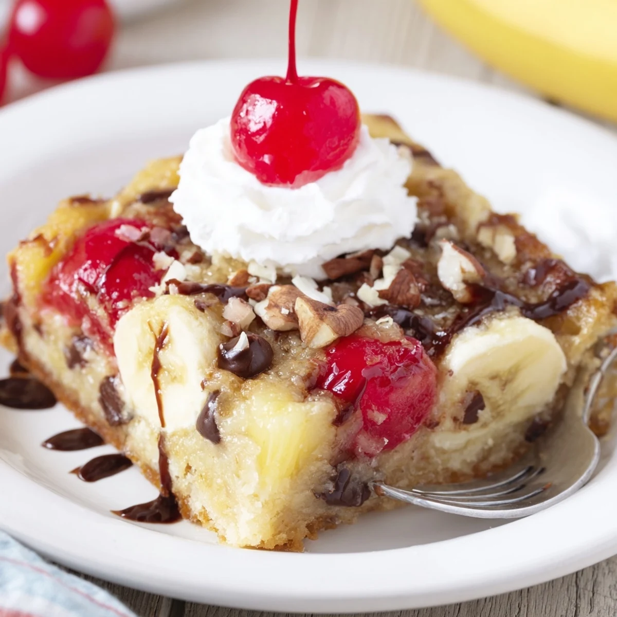 Warm Banana Split Dump Cake topped with whipped cream and chocolate drizzle