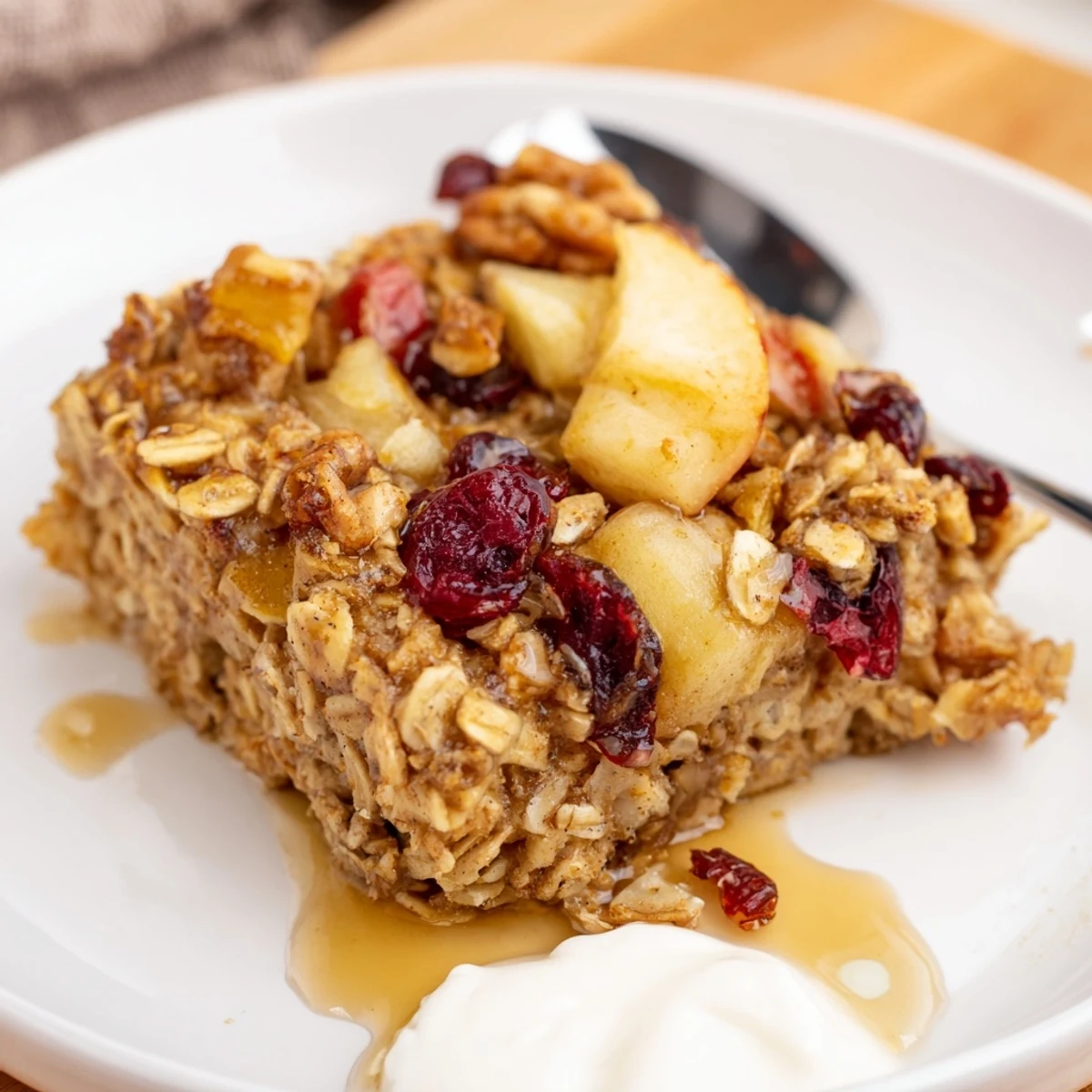 Delicious Apple Cinnamon Oatmeal Bake Recipe For Mornings, warm and golden, topped with yogurt