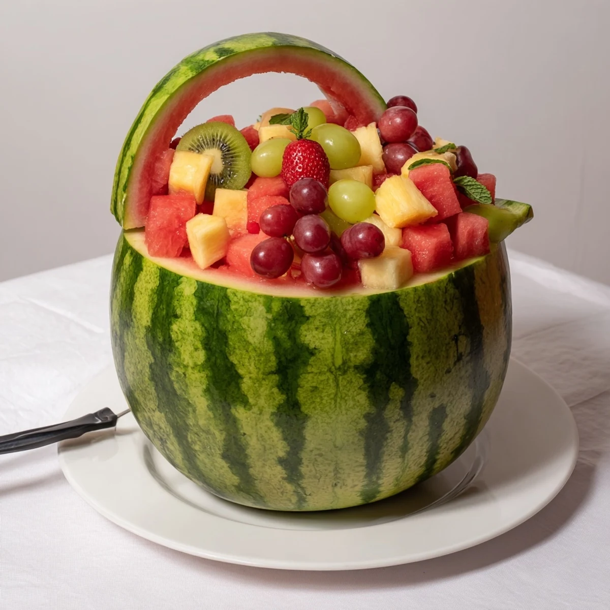 Carved Watermelon Basket overflowing with colorful fruit, chilled and ready to serve.