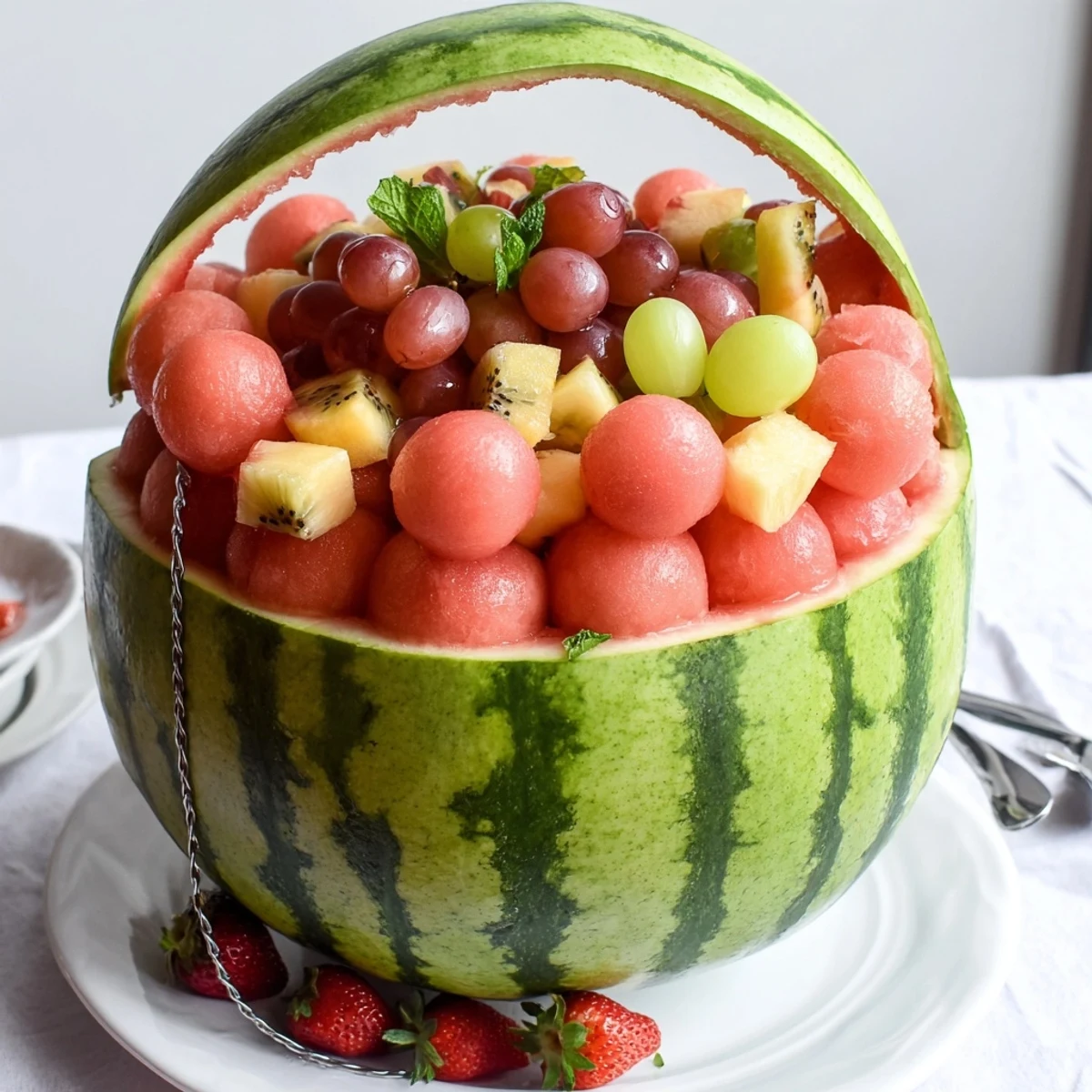 Summer Watermelon Basket filled with melon balls, berries, and fresh mint garnish.