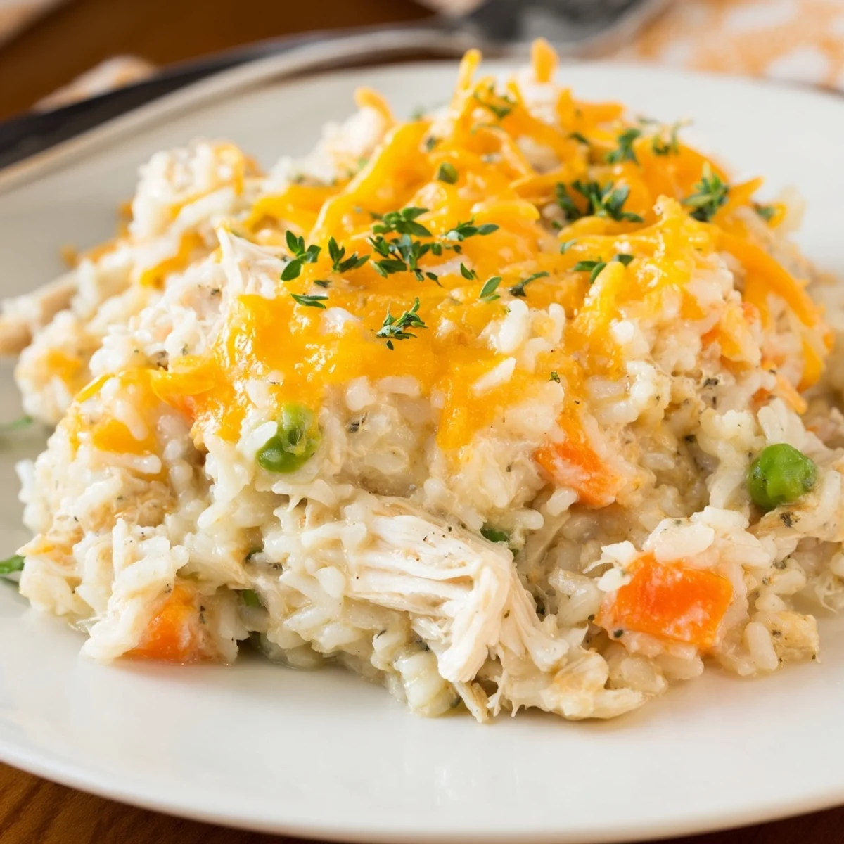 Warm Creamy Chicken And Rice Casserole Bake With Cheese Delight, creamy spoon-ready comfort.