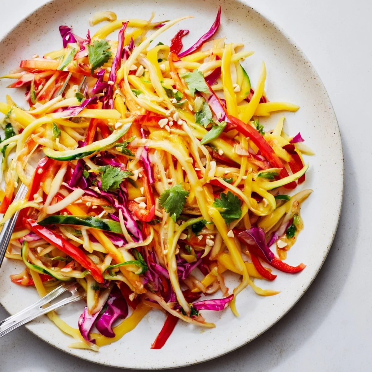 Bright, tangy Refreshing Mango Slaw Recipe with julienned mango and cilantro.