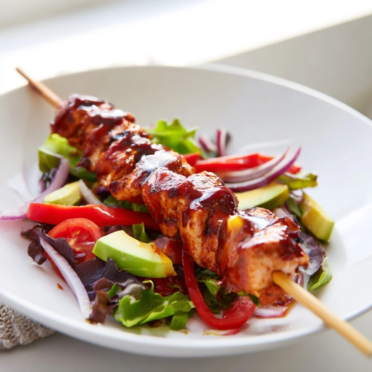 Grilled, smoky BBQ Chicken Skewer Salad Recipe with charred edges and creamy avocado.